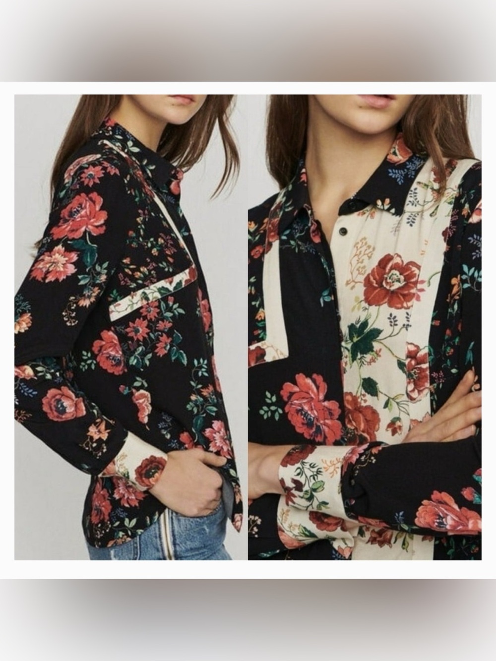 Maje Black Floral Patchwork Button-Down Blouse with Cream Panels - Picture 2 of 7